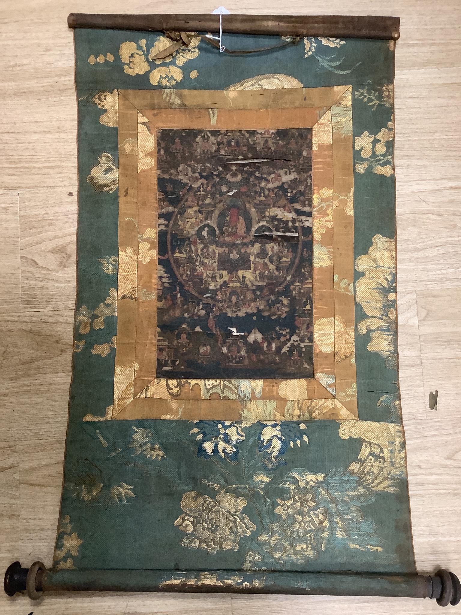 Three early Tibetan thangkas, probably 18th/19th century, each with damages and one in relic condition